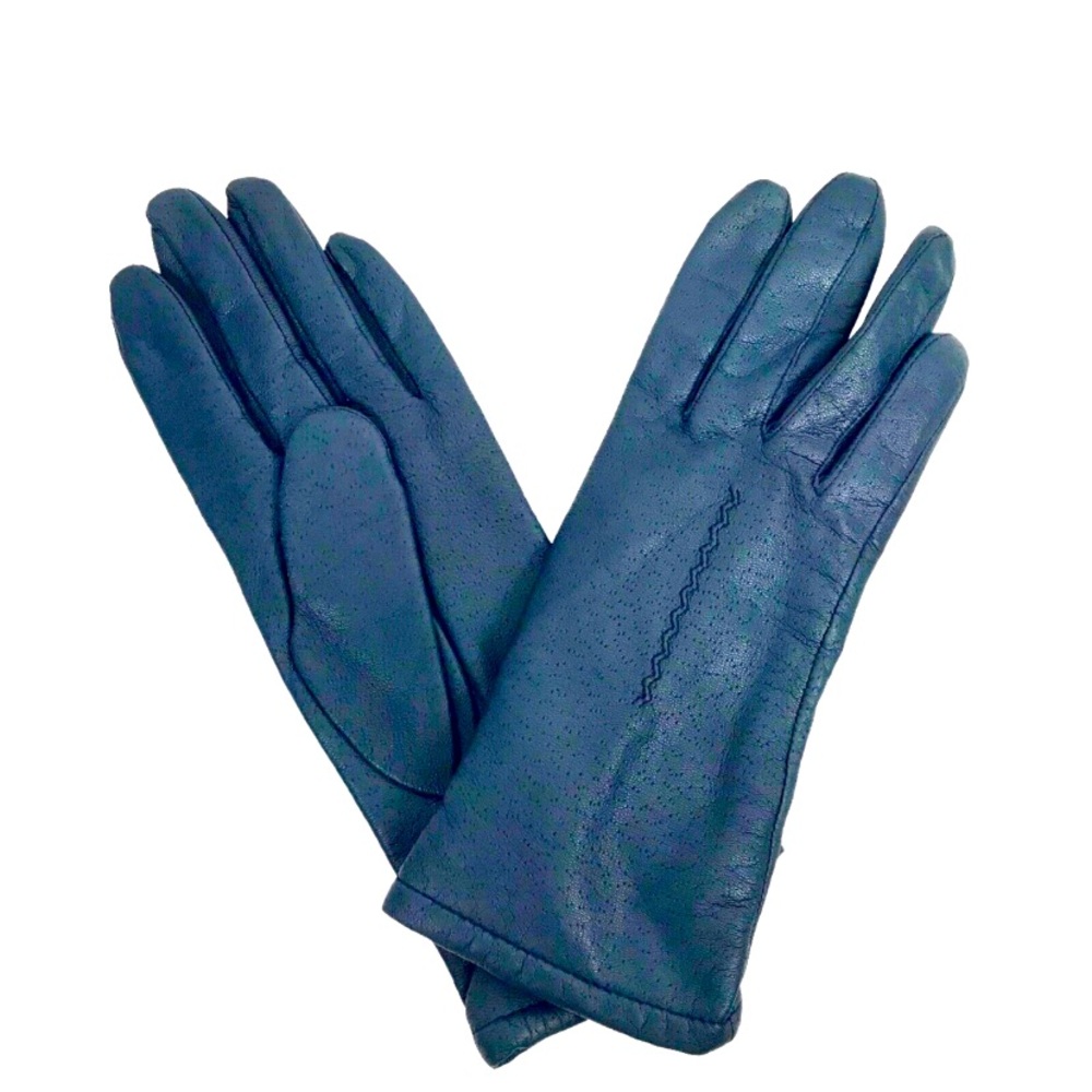 Fownes Womens Hand Crafted Perforated Leather Gloves 7 Blue Lined NWOT